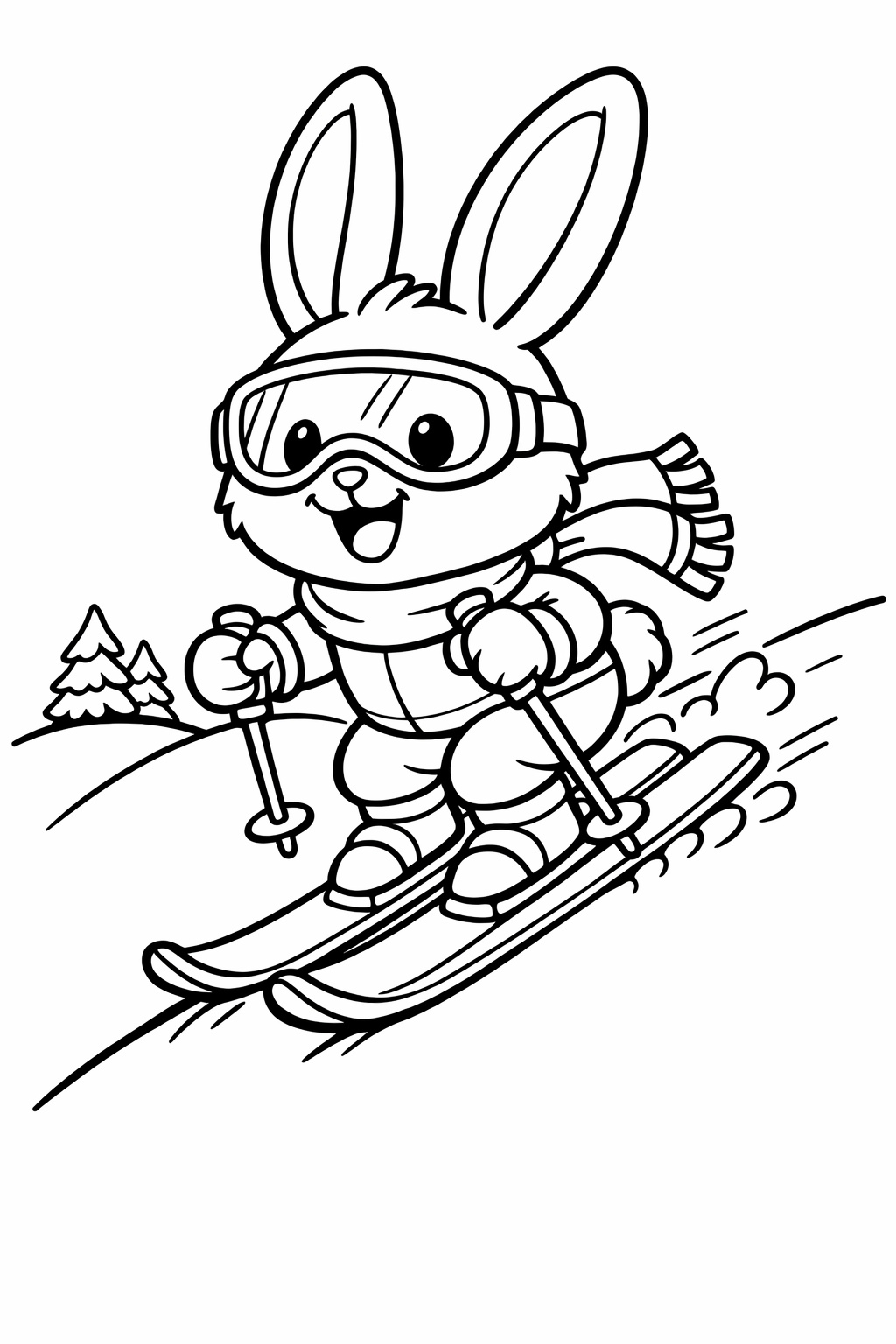 Skiing Bunny: A cute rabbit wearing goggles and a scarf, zooming down a simple snowy hill on skis.