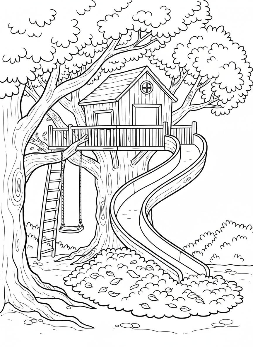 A treehouse with a slide coming down from the platform, landing in a pile of soft leaves below.