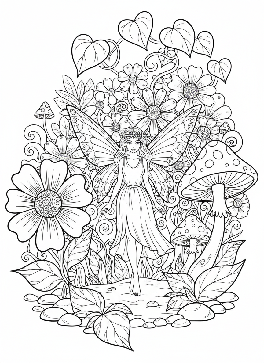 A garden fairy with wings standing among oversized flowers and mushrooms, whimsical and detailed