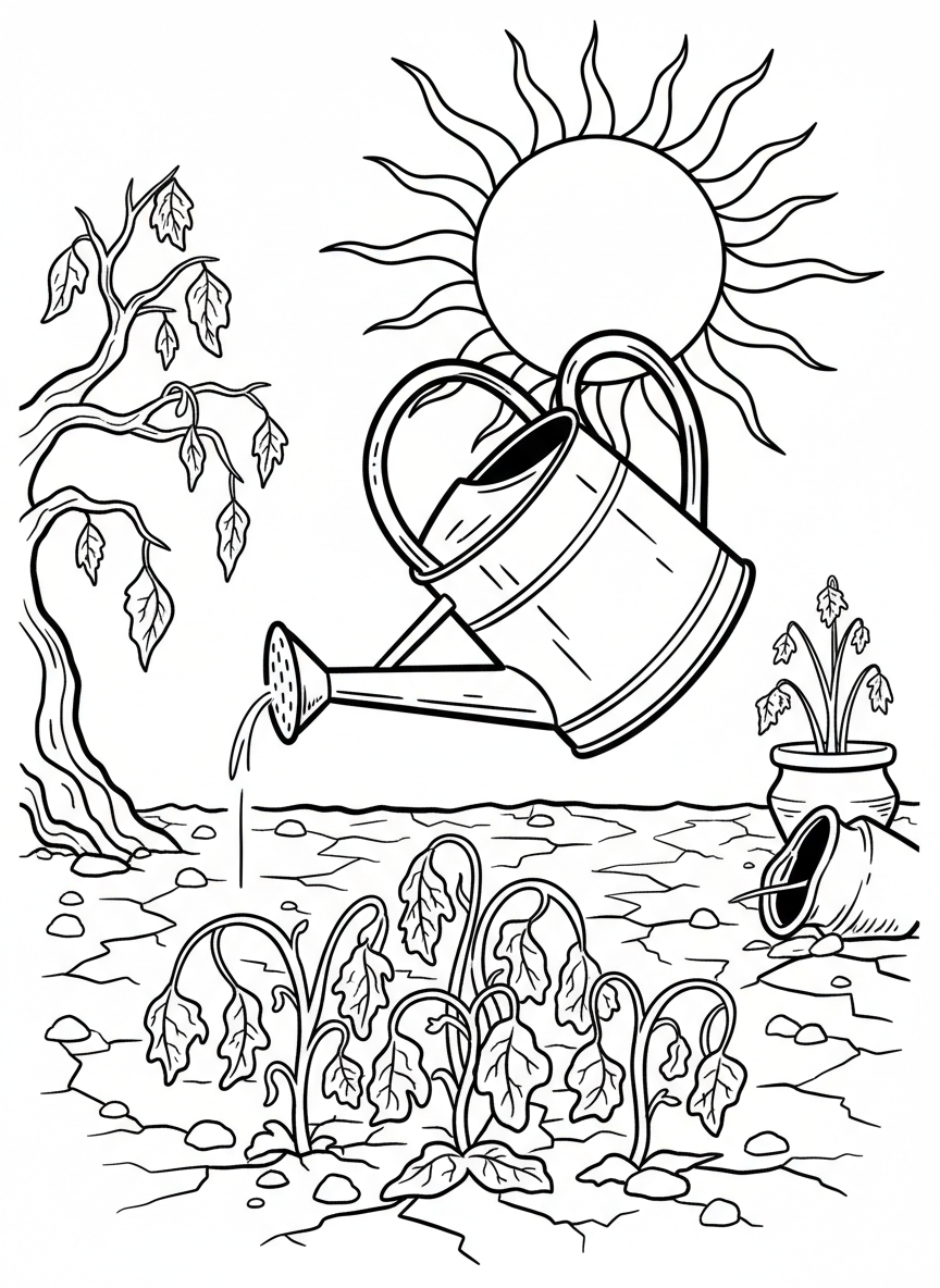 A garden scene showing plants wilting under a hot summer sun with a watering can nearby, illustrating dry sunny weather effects.