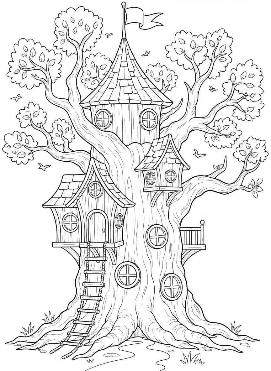 A magical treehouse with a rope ladder, round windows, and a flag on top, nestled in branches with leaves and birds