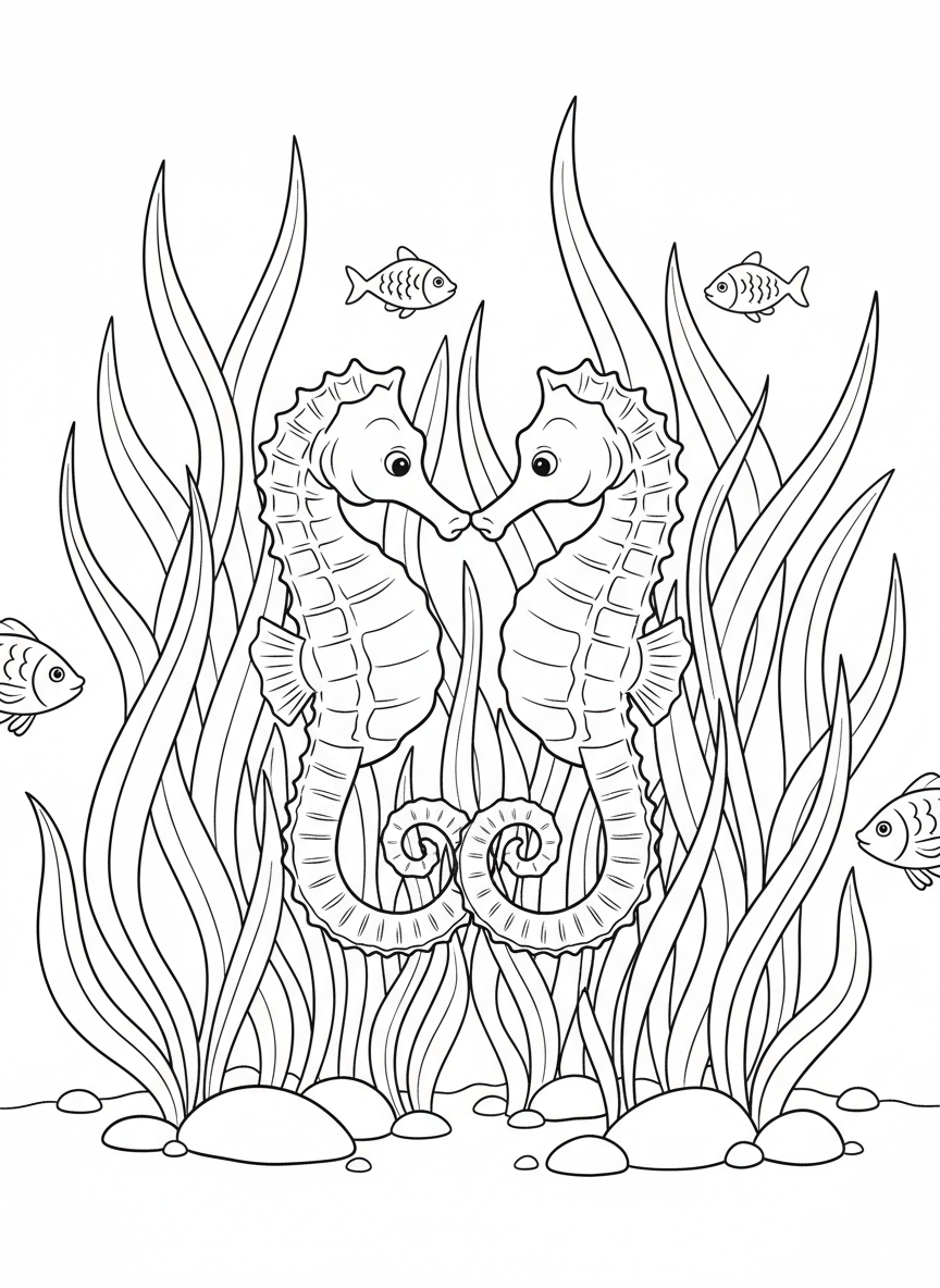 Two seahorses holding tails together among tall seagrass with small fish in background, sweet underwater scene