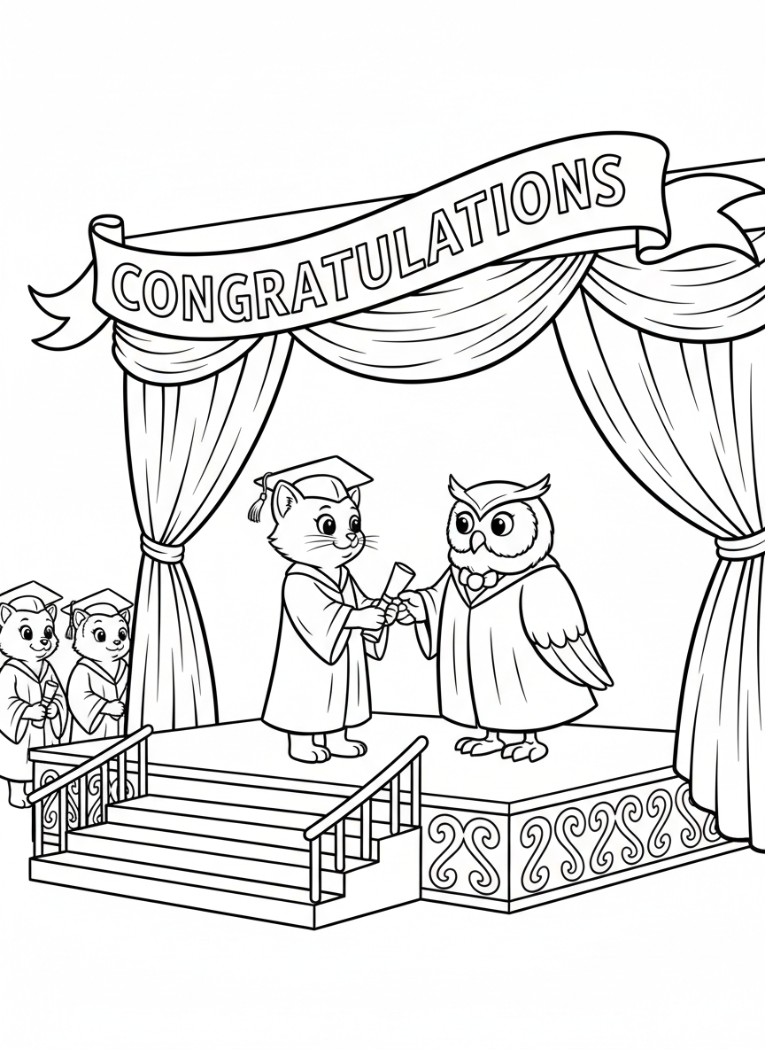A young graduate cat receiving a diploma from a teacher owl on stage, with curtains and a congratulations banner in the background.