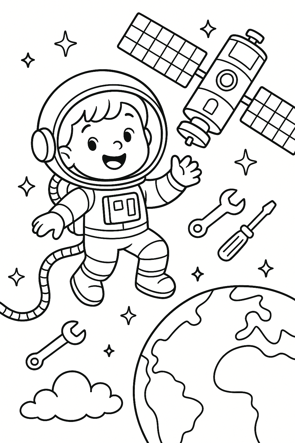 A child astronaut floating near a space station, tools drifting nearby, solar panels glowing, Earth below with clouds, stars surrounding, and a fun zero-gravity cartoon look.