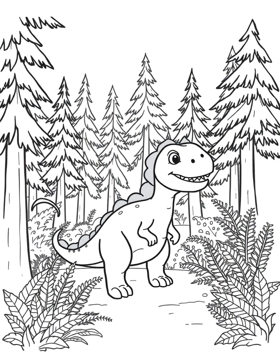 A friendly dinosaur in a lush forest clearing, tall pine trees and ferns all around