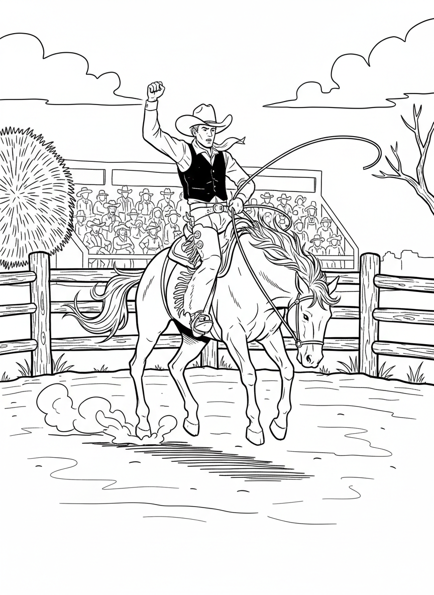 A rodeo scene showing a cowboy riding a bucking bronco in an arena with spectator stands and western fencing