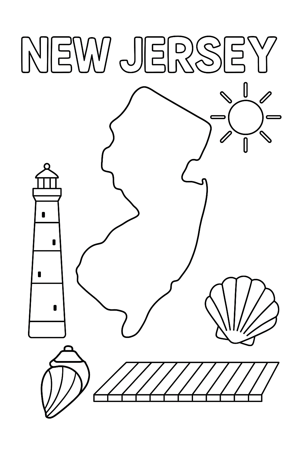 Write “New Jersey” once at the top in outlined letters. Draw a large, centered outline of the state. Add one lighthouse, one shell, one boardwalk, and one sun in corners.