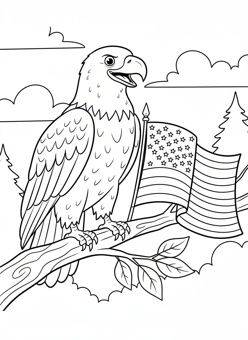A smiling bald eagle perched on a branch holding an American flag in its talons, simple line art with clear outlines for easy coloring.