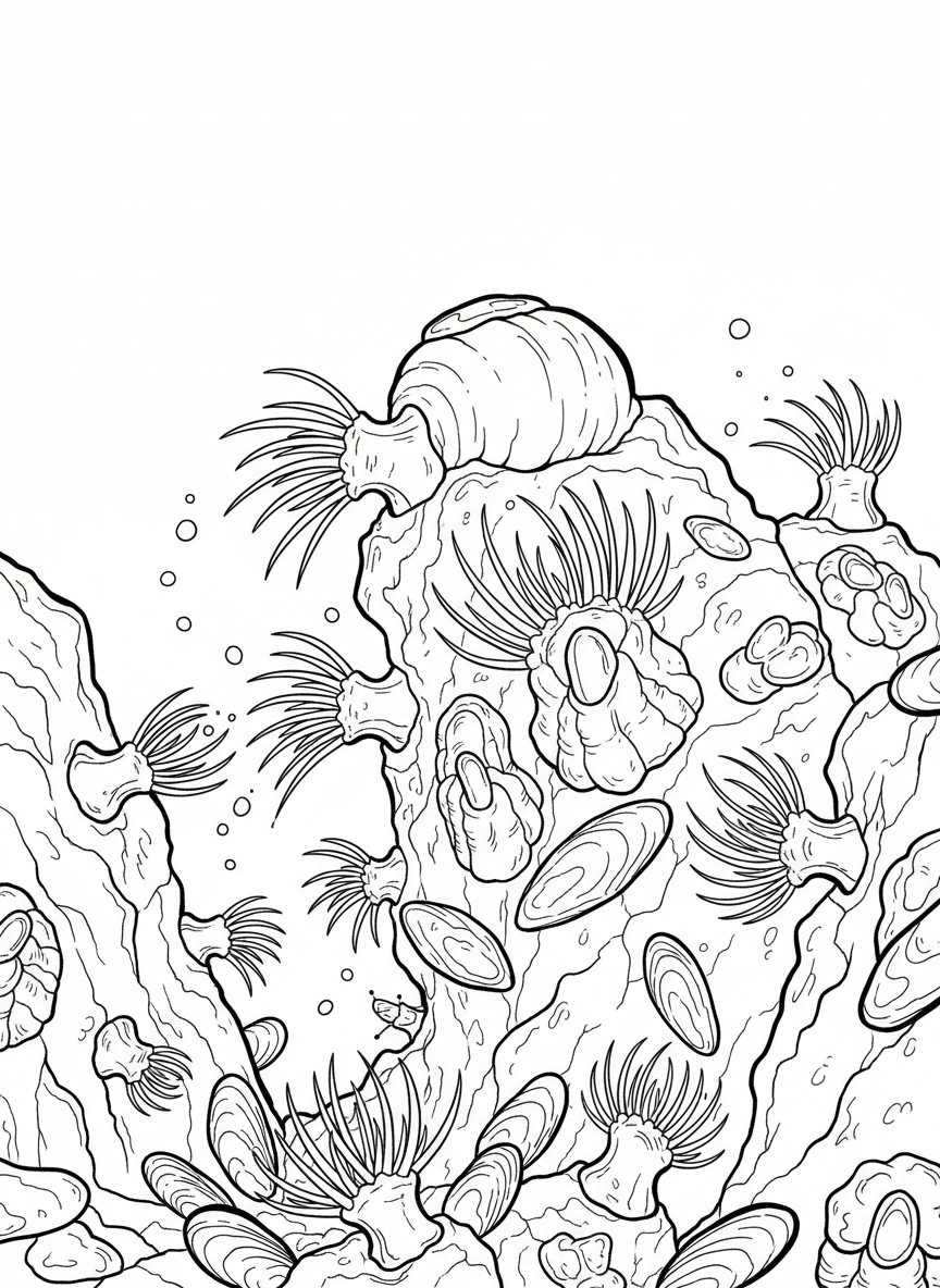 Underwater view of barnacles and mussels with their feeding appendages out, small plankton dots floating by, showing how they eat