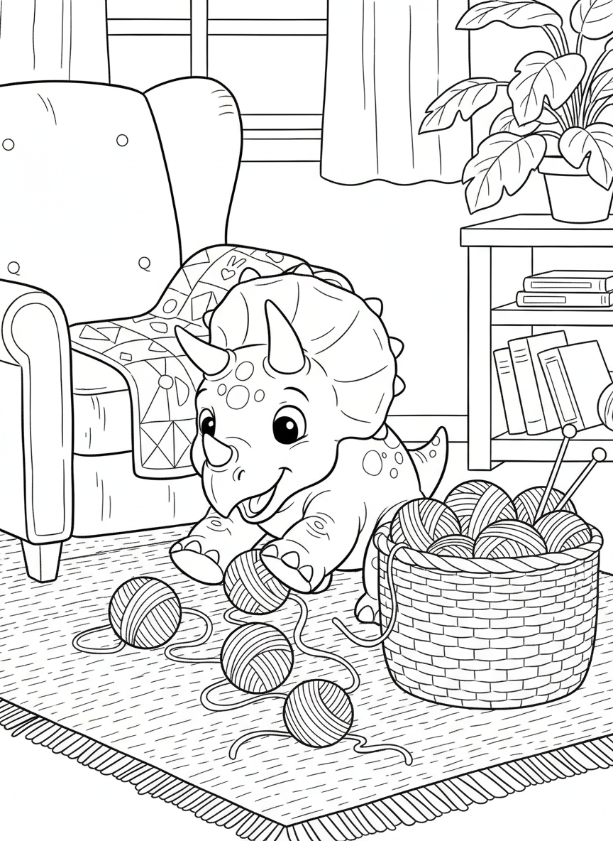 A baby Triceratops playing with yarn balls next to a woven basket, cozy home setting with clear outlines.