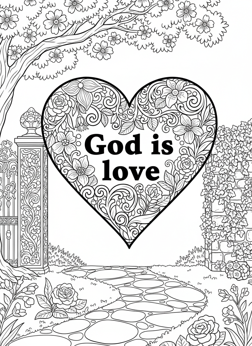 A large heart filled with intricate floral patterns and the words 'God is love' centered inside in bold letters.