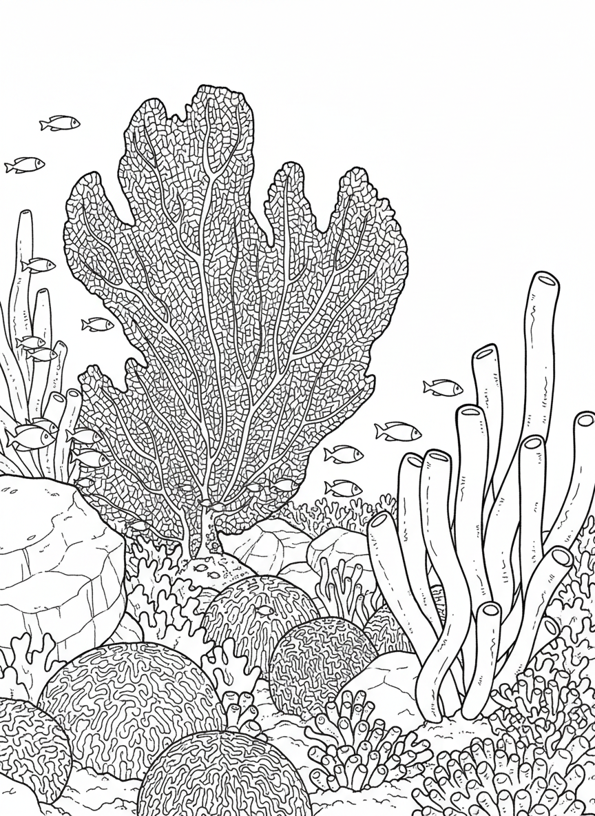 Underwater garden scene with multiple types of coral: fan coral, tube coral, and round coral clustered together.