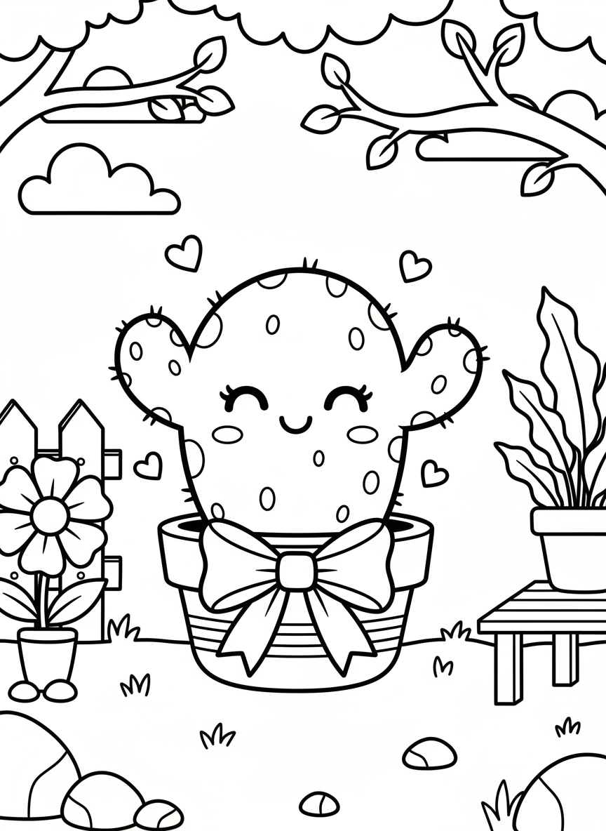 An adorable kawaii cactus in a pot with a bow, showing a sweet smile and closed eyes, with tiny hearts around it