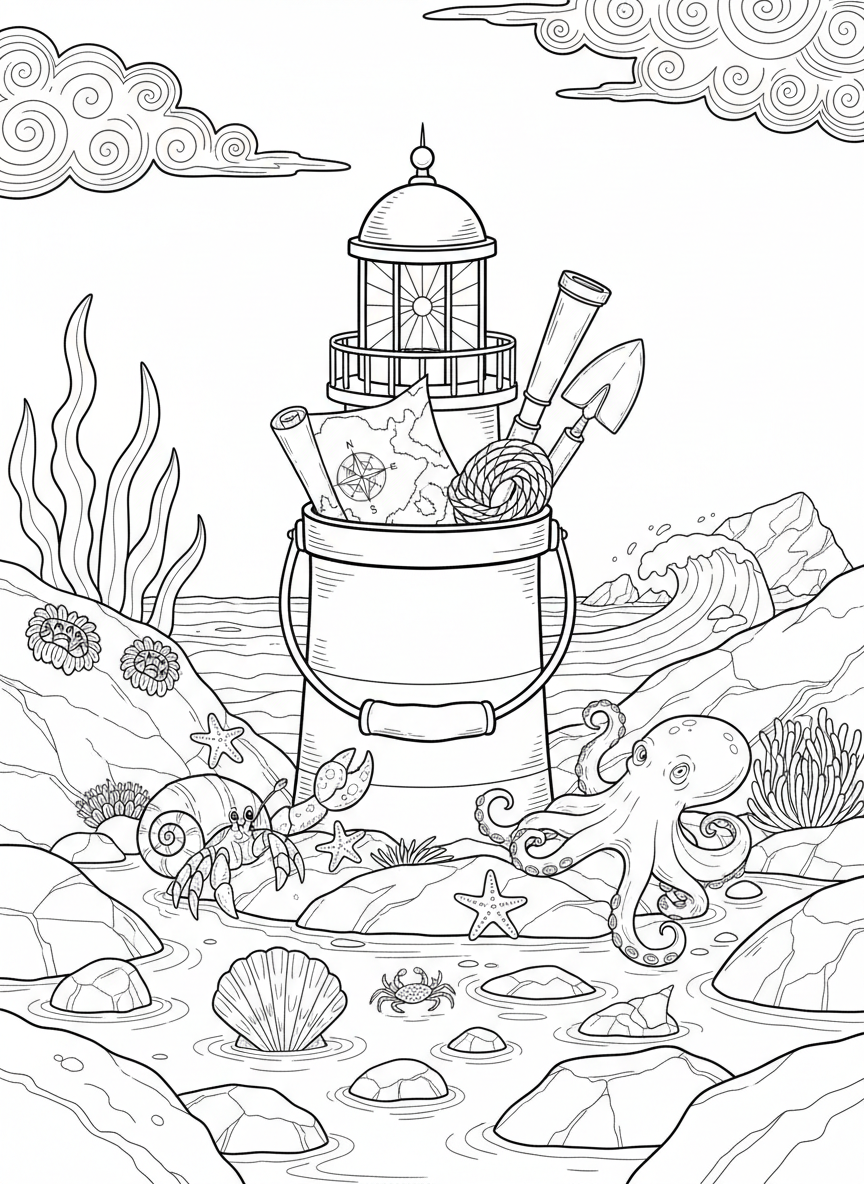 A decorative bucket shaped like a lighthouse, filled with exploration tools and surrounded by tide pool creatures peeking out.