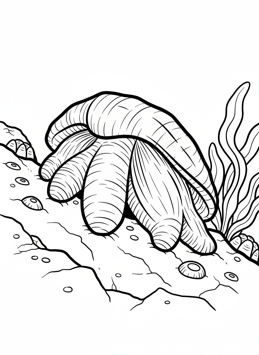 Close-up of a limpet's underside showing its muscular foot gripping the rock, educational side view