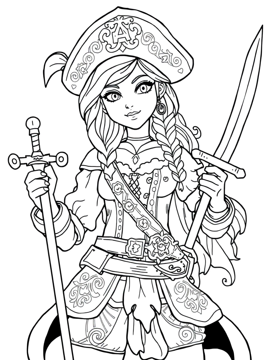 A female pirate with a sword.