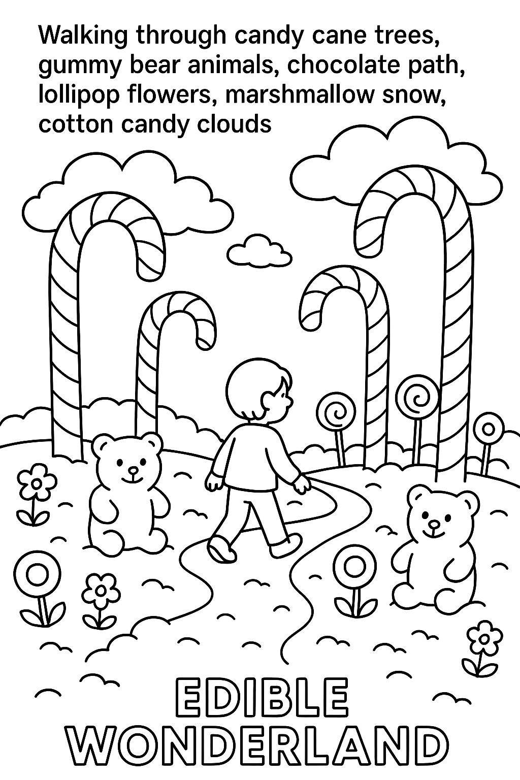 Walking through candy cane trees, gummy bear animals, chocolate path, lollipop flowers, marshmallow snow, cotton candy clouds, thick outlines, edible wonderland scene