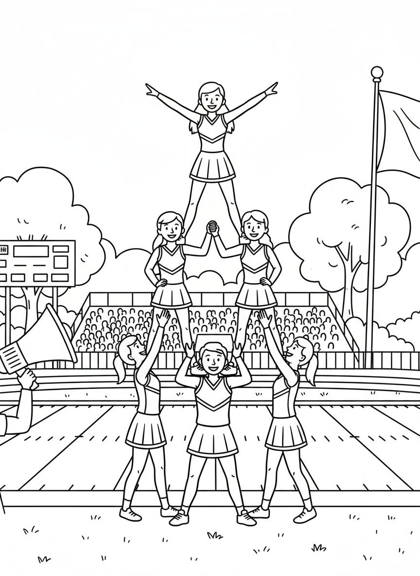 Cheerleaders forming a pyramid formation, four levels high, teamwork and school spirit on display at the game.