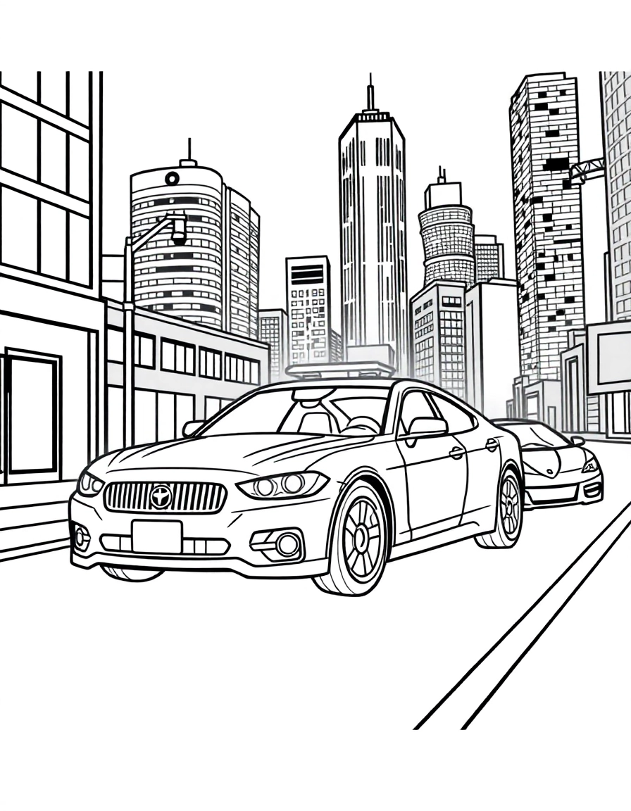 A police car with lights flashing chasing a speeding sports car through a city street at night, skyscrapers glowing