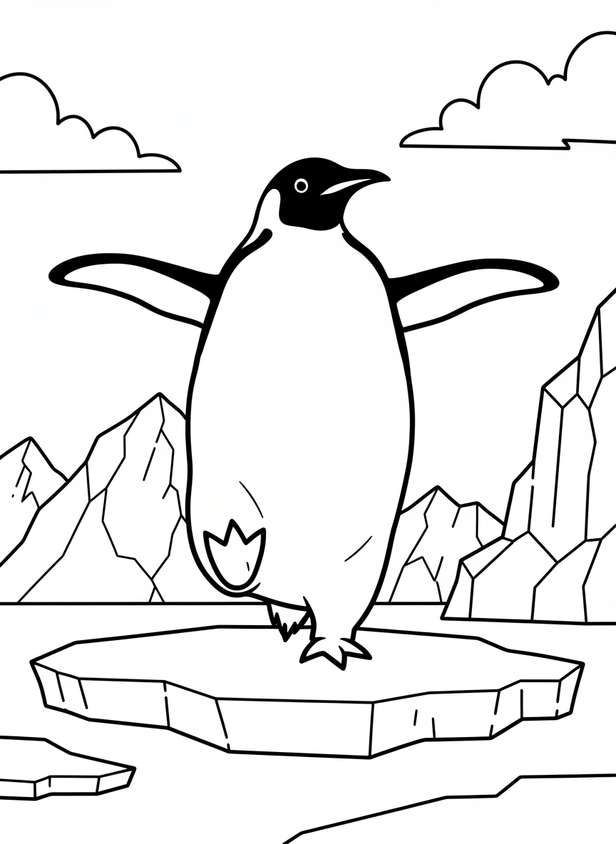 A penguin standing on one foot with flippers outstretched for balance, creating a fun symmetrical design.
