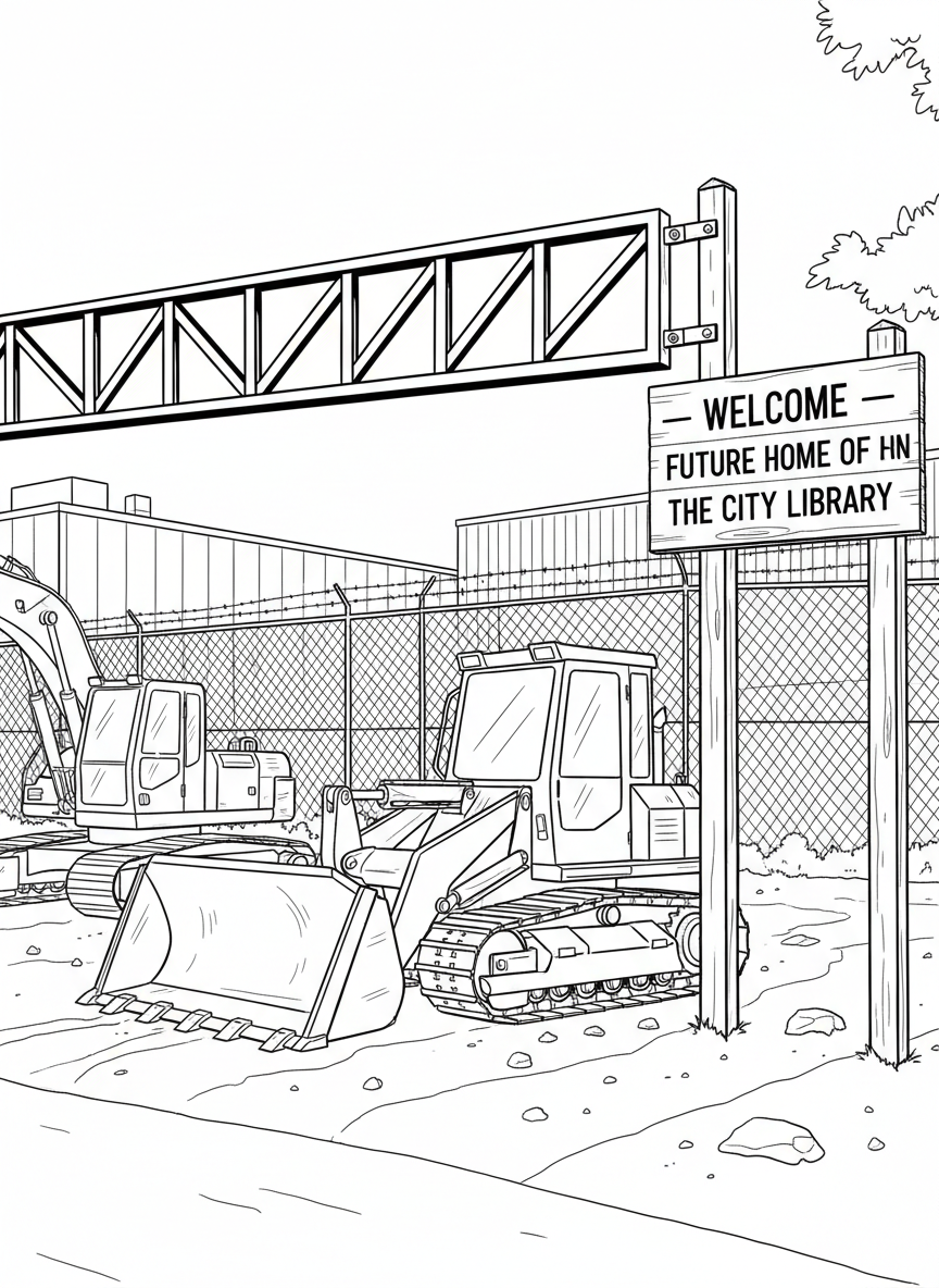 A construction site entrance with a gate, welcome sign, and parked construction vehicles visible beyond, scene composition.