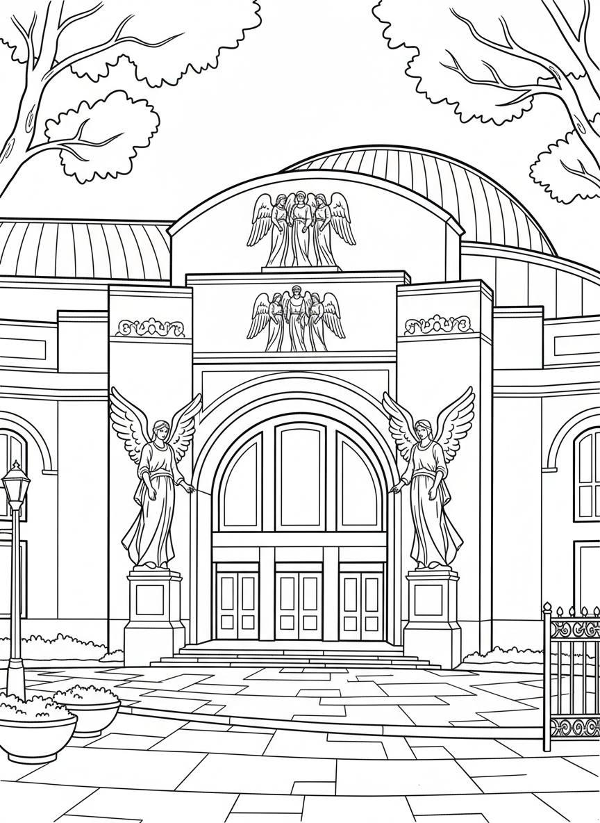 The Bass Performance Hall building facade with its distinctive architecture and angel sculptures, detailed landmark coloring page