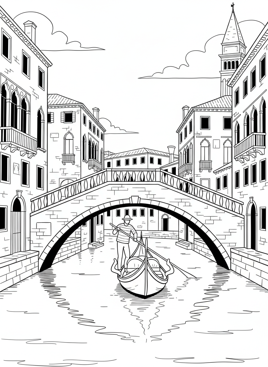 Venice canal scene with a gondola floating under an arched bridge and traditional Italian buildings lining the waterway.