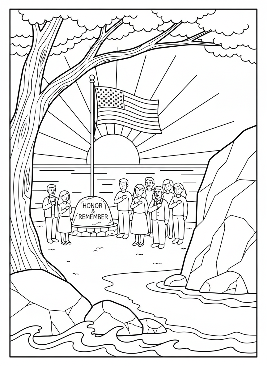Memorial Day coloring page prompts honoring remembrance, reflection, community gatherings.	A sunrise gathering near a coastal memorial, waves rolling gently while a flag catches the breeze and attendees stand quietly together in remembrance.