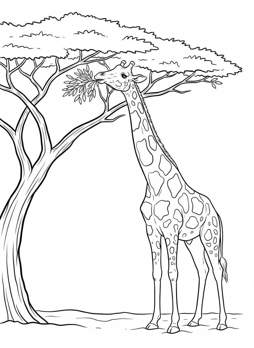 A tall giraffe reaching up to eat leaves from an acacia tree, showing its spotted pattern clearly