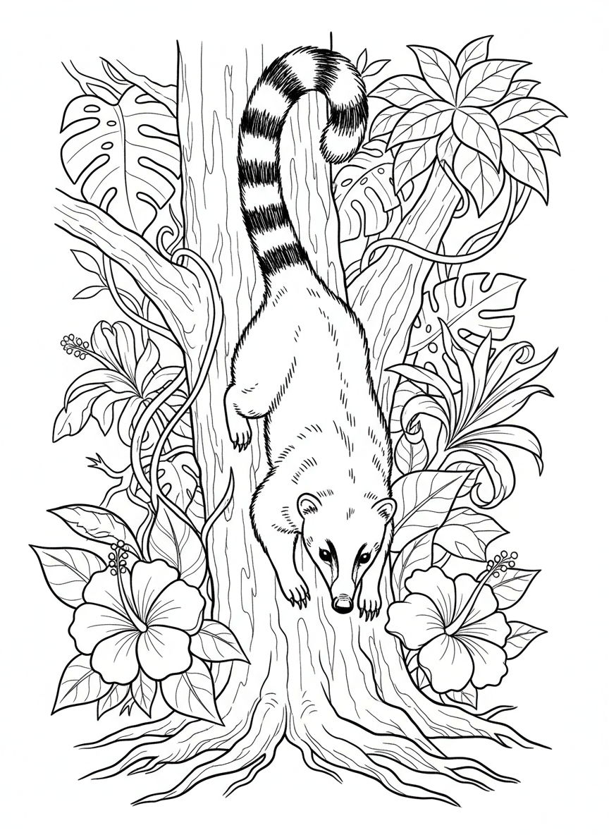 A coati climbing a tree trunk headfirst, with its long ringed tail and pointed snout, jungle flowers blooming nearby.