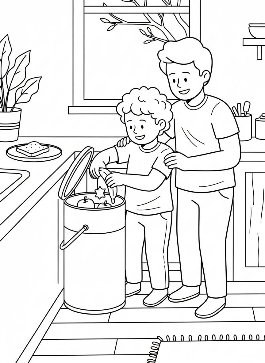 A child carefully separating food waste into a kitchen compost container, with banana peels and apple cores, parent watching encouragingly nearby.