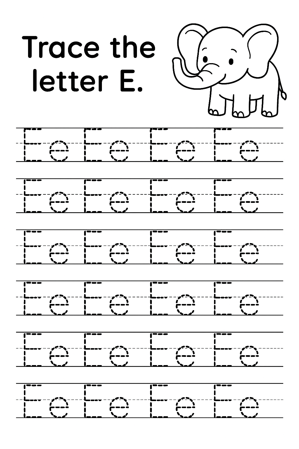 Title: “Trace the letter E.” Make 5 evenly lined handwriting rows with 6 dotted “E e” pairs. Use dotted monoline stroke (dash≈4px, gap≈3px), baseline-aligned and evenly spaced. Add a small elephant in the top-right corner.