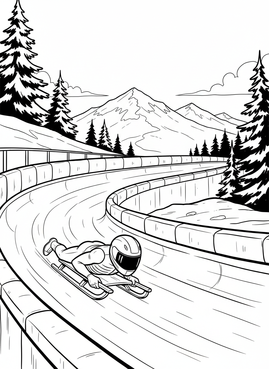 A skeleton racer lying face-down on a tiny sled, racing headfirst down a twisting ice track with safety helmet.