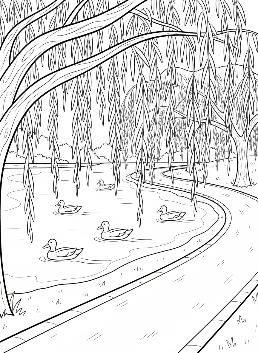 A detailed coloring page of Freedom Park's lake with ducks swimming, a walking path around the water, and willow trees drooping over the edge.