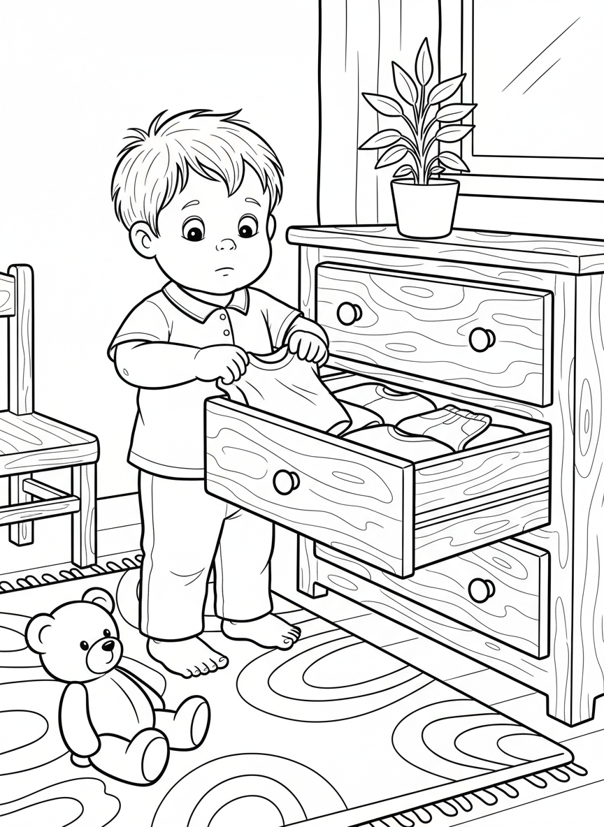 A young child selecting clothes from a dresser drawer, looking at shirt options, getting dressed independently
