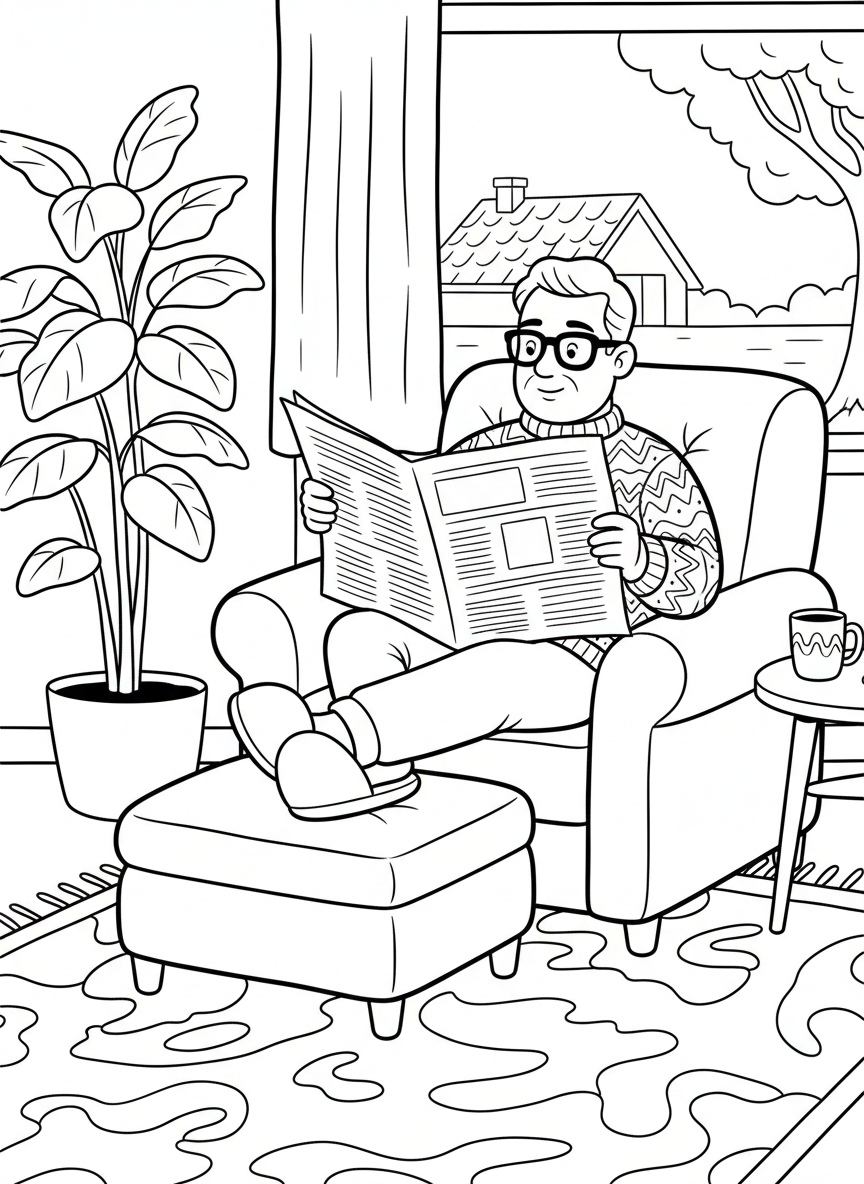 A dad wearing glasses and reading a newspaper in a comfortable armchair, with a footstool and slippers nearby.
