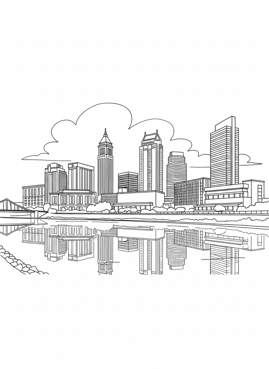 The iconic Columbus skyline with recognizable buildings reflected in the Scioto River, simple cityscape composition