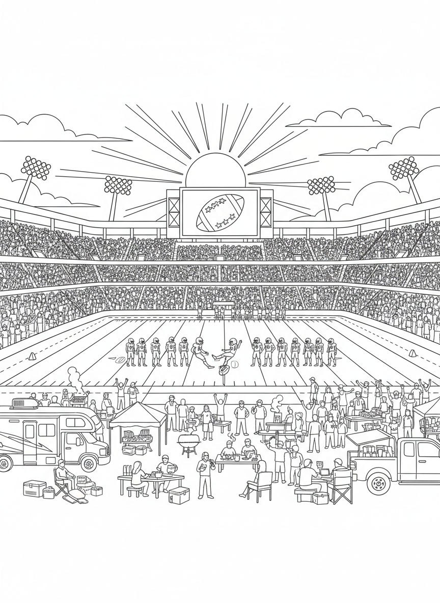 NFL Kickoff coloring page prompts capturing the start of football season, anticipation, tailgates, and opening-week excitement.	A wide stadium view as the sun sets and lights take over for kickoff night.