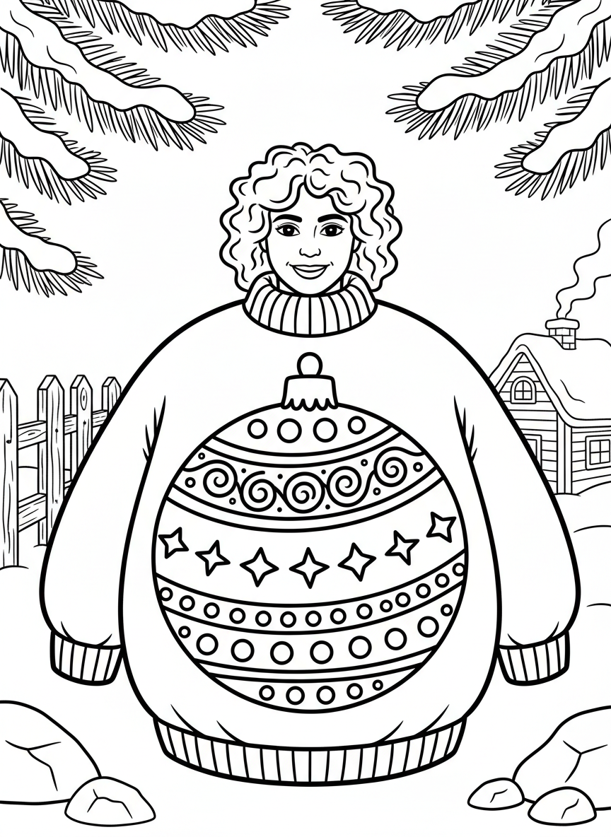 An outrageous sweater with a giant ornament ball design in the center, decorated with swirls, dots, and star patterns all around.
