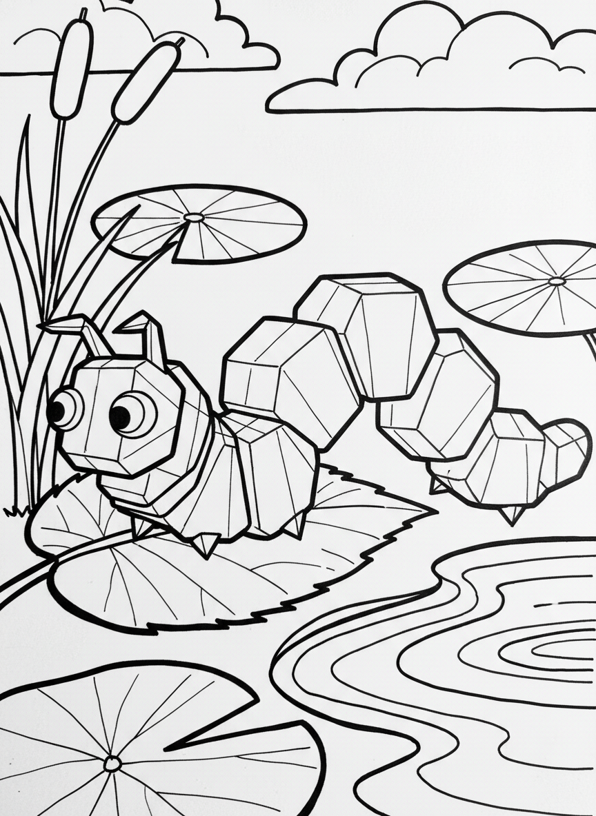 A whimsical origami caterpillar with multiple body segments made of connected geometric shapes, resting on a leaf near the pond