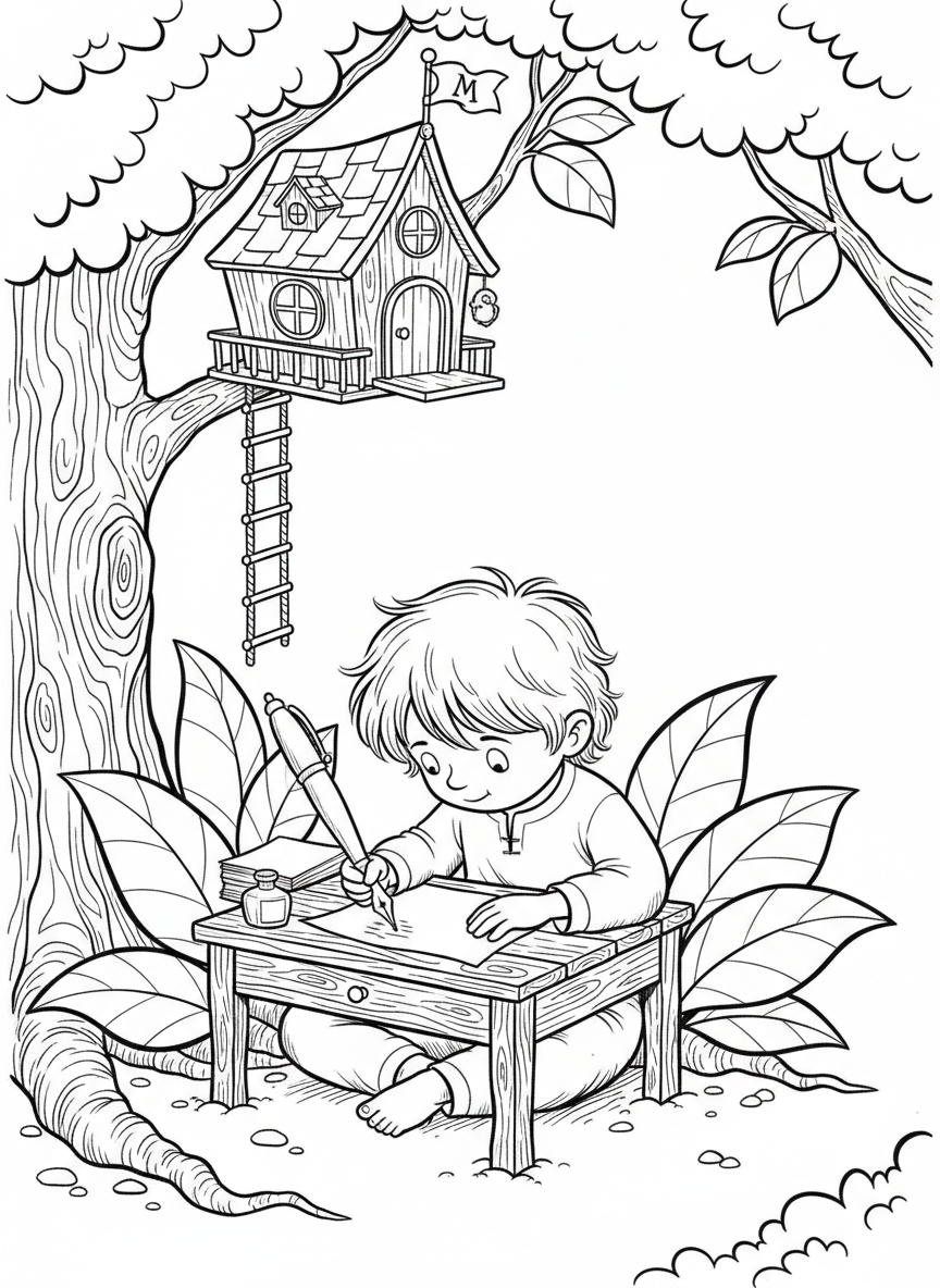 A child at ground level writing a letter at a small outdoor desk, with a treehouse mailbox visible high above in the branches.