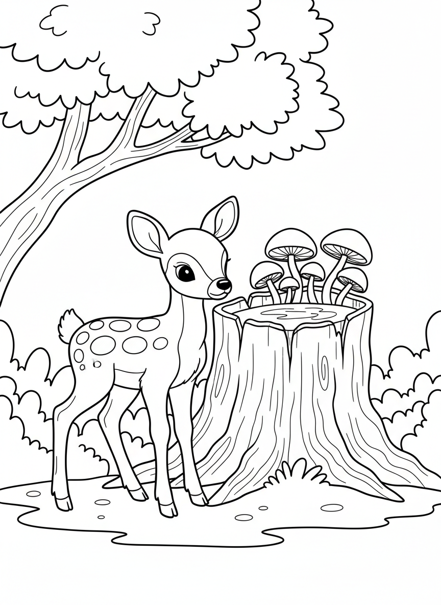 A baby deer with spots standing beside a tree stump covered in mushrooms, clean outlines for coloring