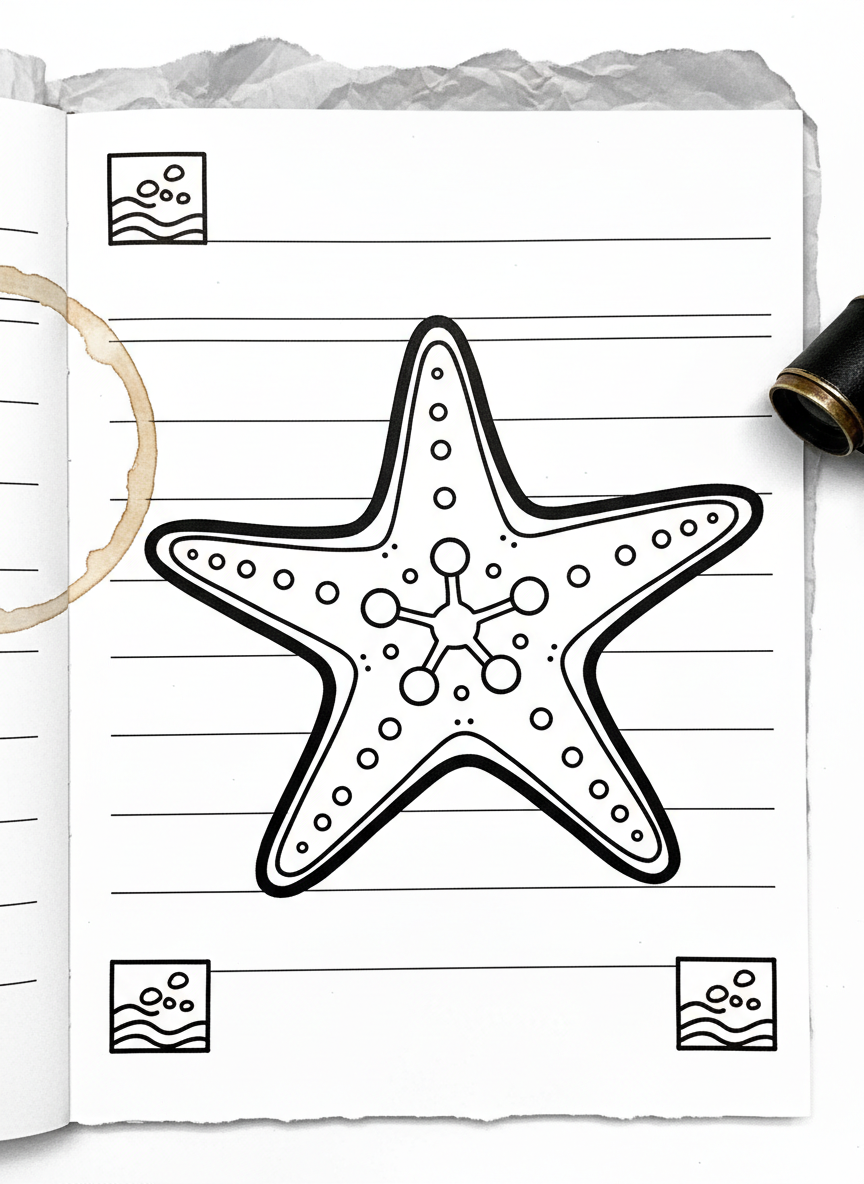 A journal page with a large starfish drawing in the center, surrounded by blank lines for notes and small boxes for tide pool observations, simple line art