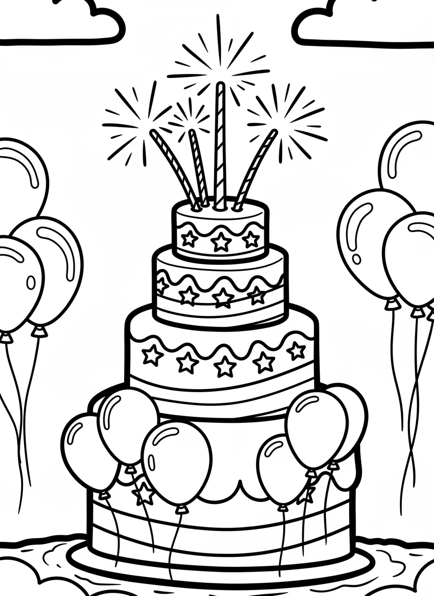 A patriotic birthday cake decorated with stars and stripes, topped with sparklers and surrounded by balloons.