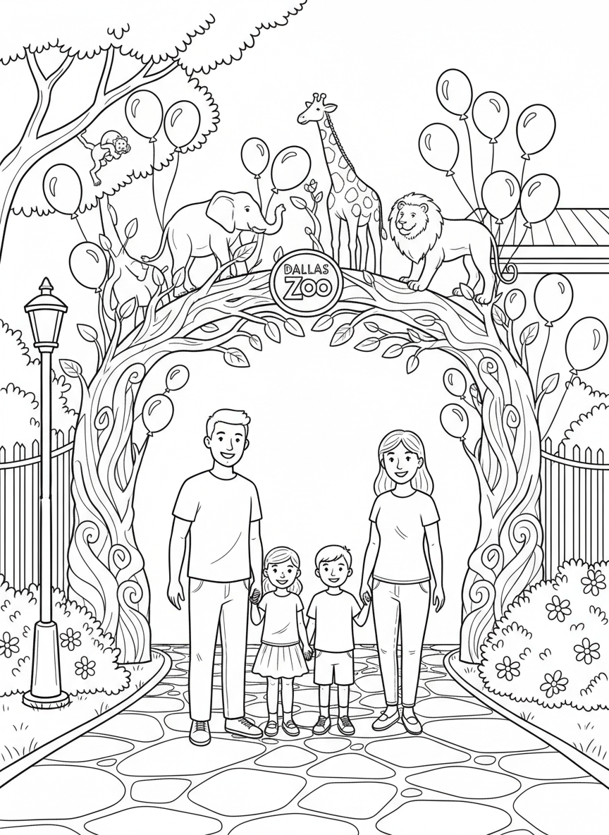 A smiling family visiting the Dallas Zoo entrance gate with animal silhouettes and balloons, welcoming scene line art