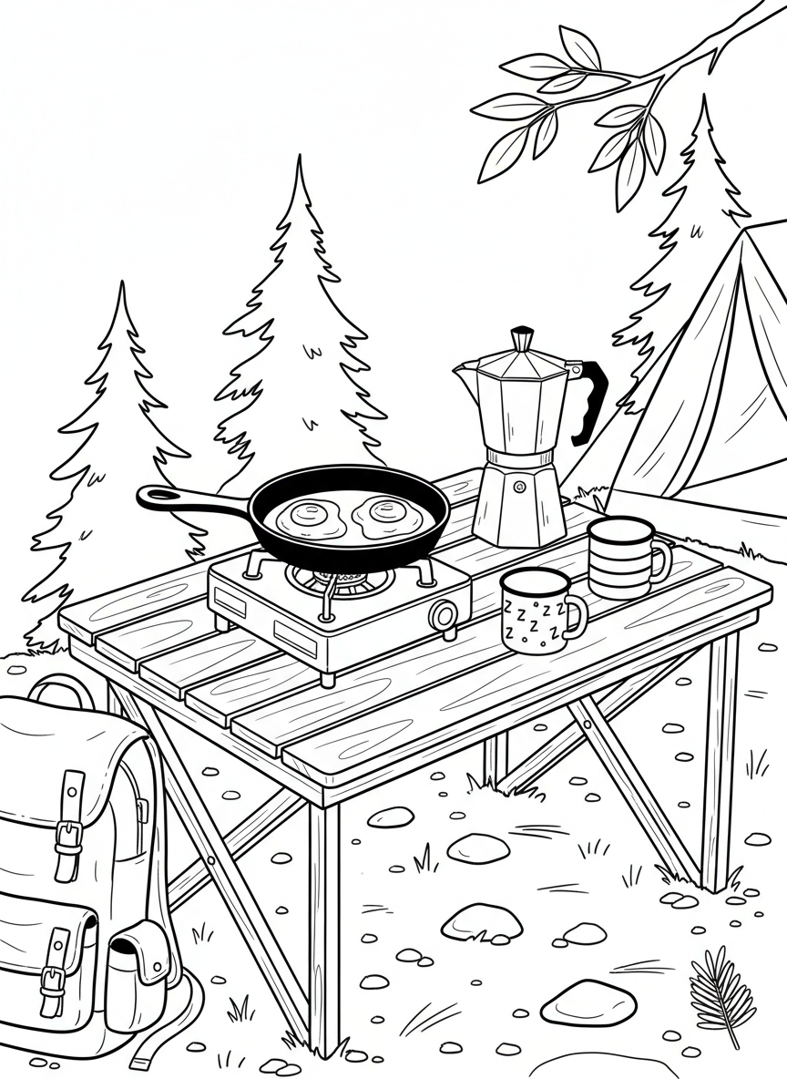 A camping breakfast scene with a portable stove, frying pan with eggs, coffee pot, and camping mugs on a table.