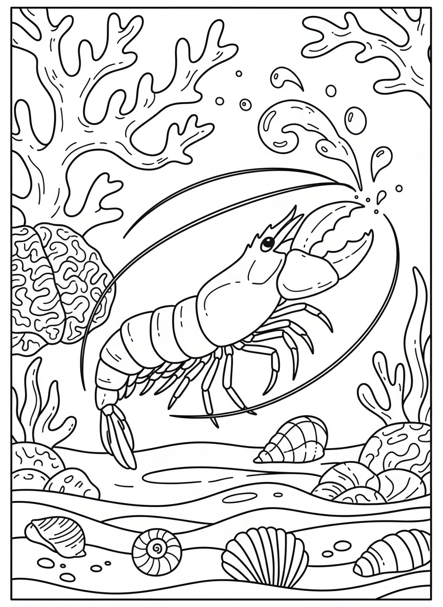 A snapping shrimp creating bubble trails as it moves through the tide pool, with coral and shells around it.