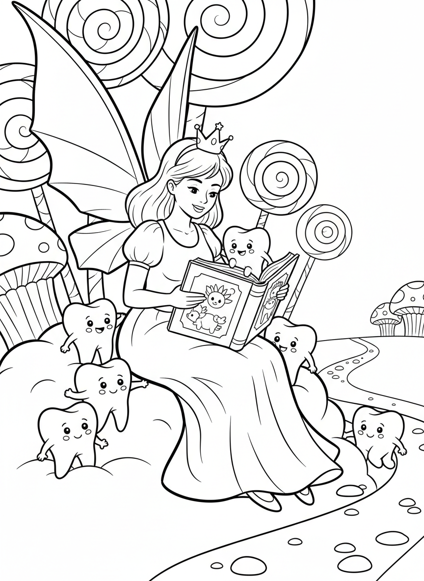 A tooth fairy reading a large storybook to a group of smiling baby teeth gathered around her