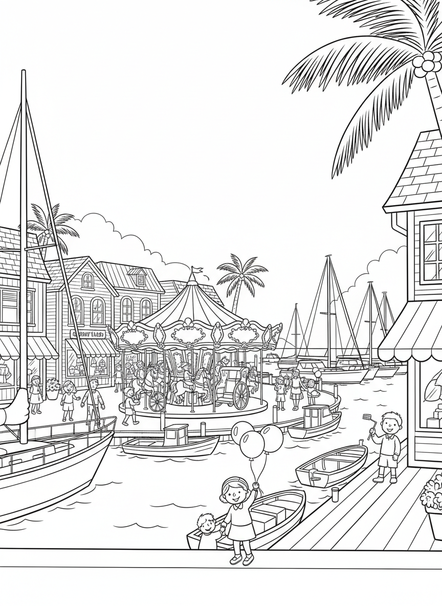 Seaport Village waterfront with a carousel, shops, and boats in the marina, busy happy scene with details to color