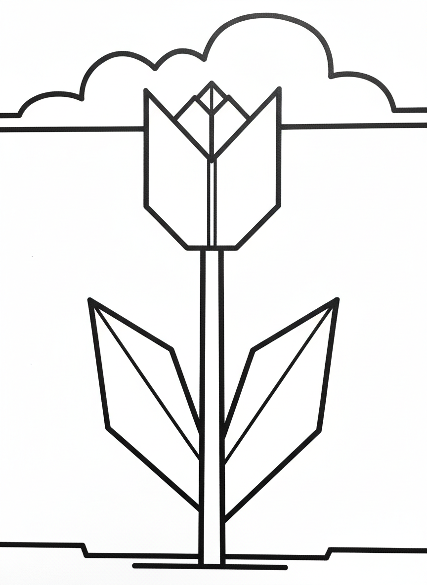 A simple origami tulip with geometric folded petals and a straight stem with two leaves, shown from the front view against a plain background.